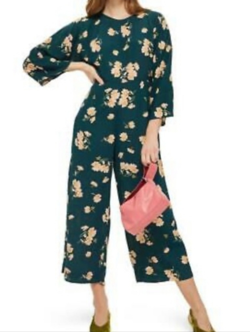 Topshop Jumpsuit Floral Green Wide Leg Cropped 8 Open Back